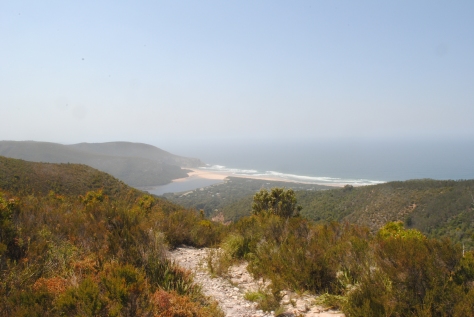 View of Natures Valley. From this perspective it can be observed that where the picture was taken is principle Fynbos vegetation and the forests that the Garden Route is known for are only found in the valleys and on the slopes of areas almost directly adjancent the ocean. 